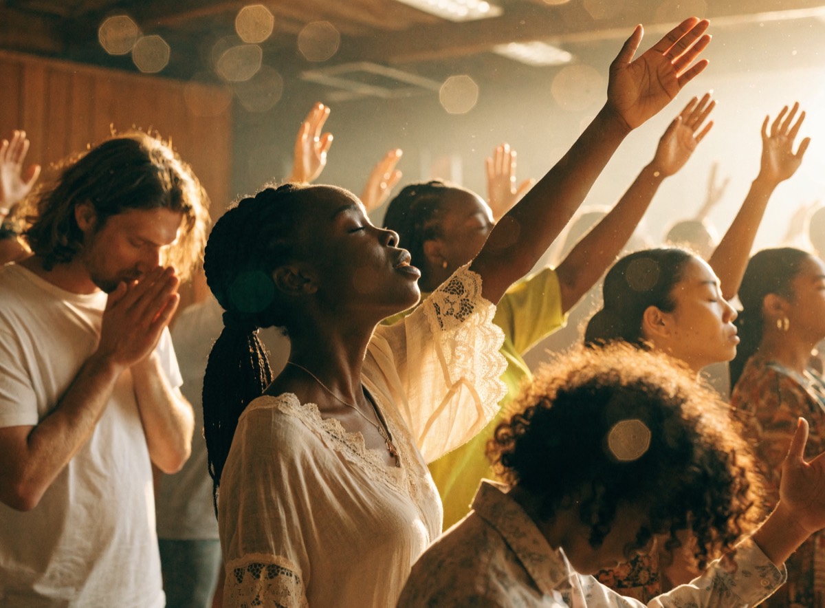A diverse community worshipping together with hands raised