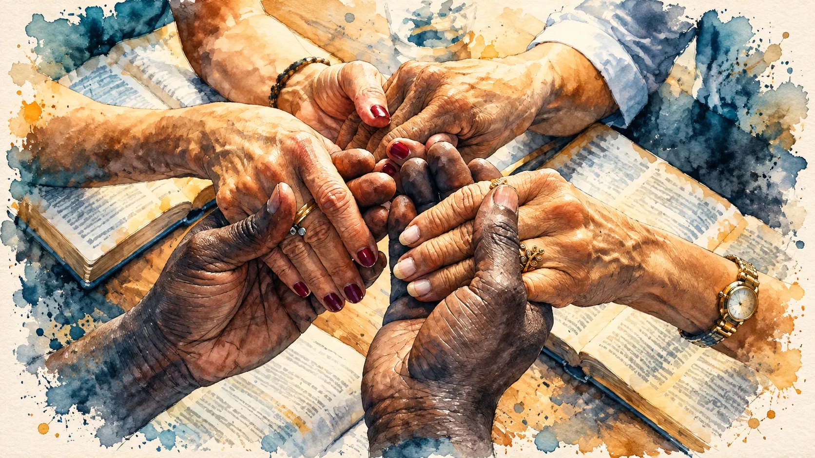 Hands joined over open Bibles, discovering God's calling